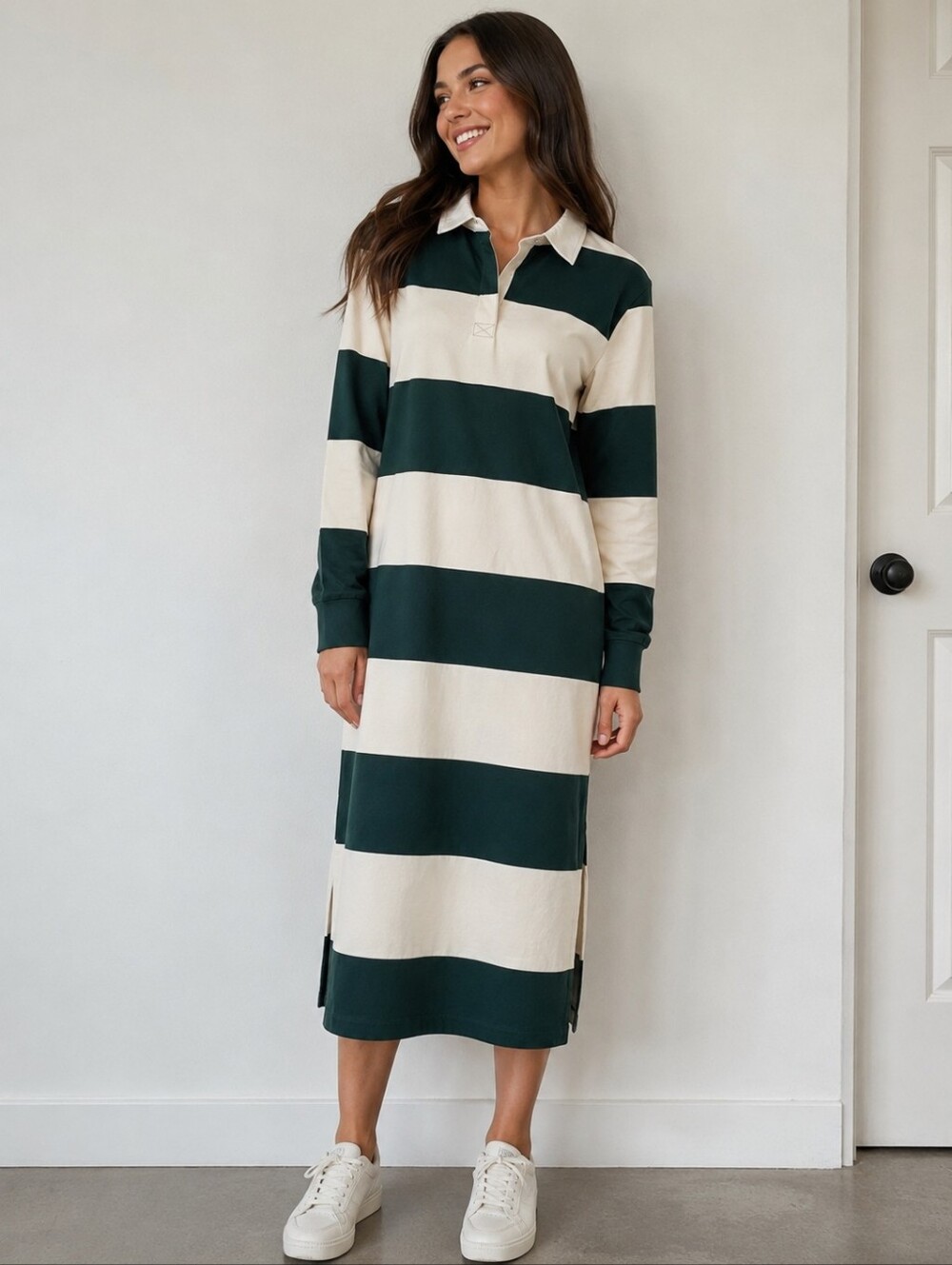 Striped Rugby Shirt Dress in Forest Green and Cream